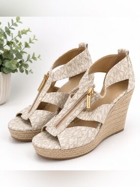 Michael Kors Tan Logo Zip-Up Espadrille Wedge Sandals